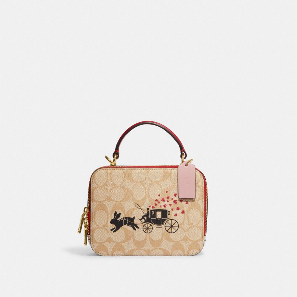 COACH®,LUNAR NEW YEAR BOX CROSSBODY BAG IN SIGNATURE CANVAS WITH RABBIT AND CARRIAGE,Small,Gold/Light Khaki Multi,Front View