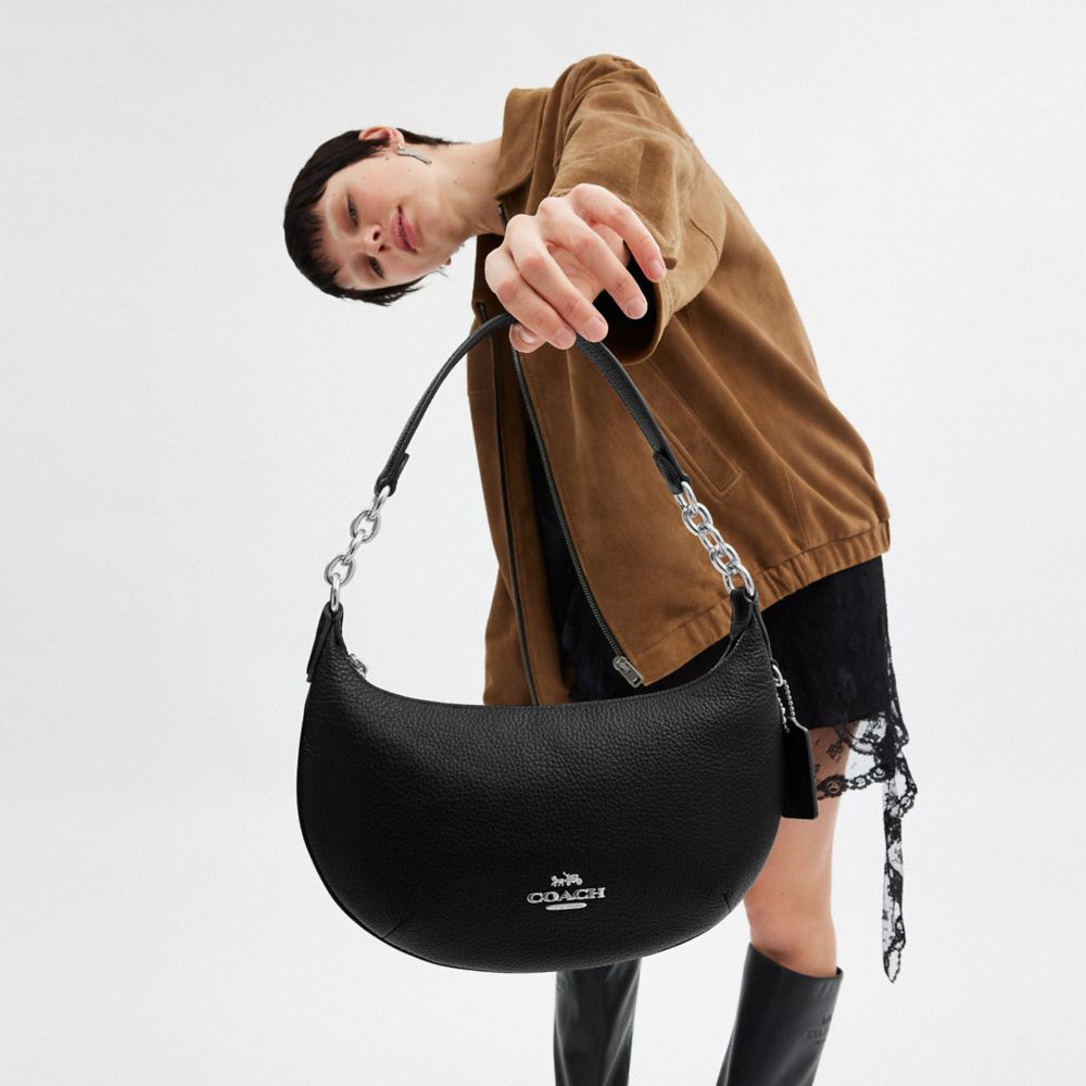 COACH®,Payton Hobo Bag,Leather,Shoulder Bag,Chain Detail,Silver Metal,Day Party,Black,Detail View