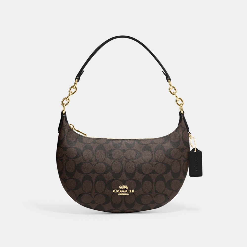 COACH®,PAYTON HOBO BAG IN SIGNATURE CANVAS,Signature Canvas,Mini,Gold/Brown Black,Front View