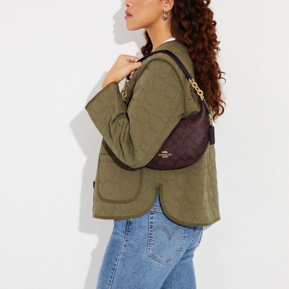 COACH®,Payton Hobo Bag In Signature Canvas,Canvas,Leather,Shoulder Bag,Chain Detail,Logo,Gold Metal,Day Party,Maroon,Detail View