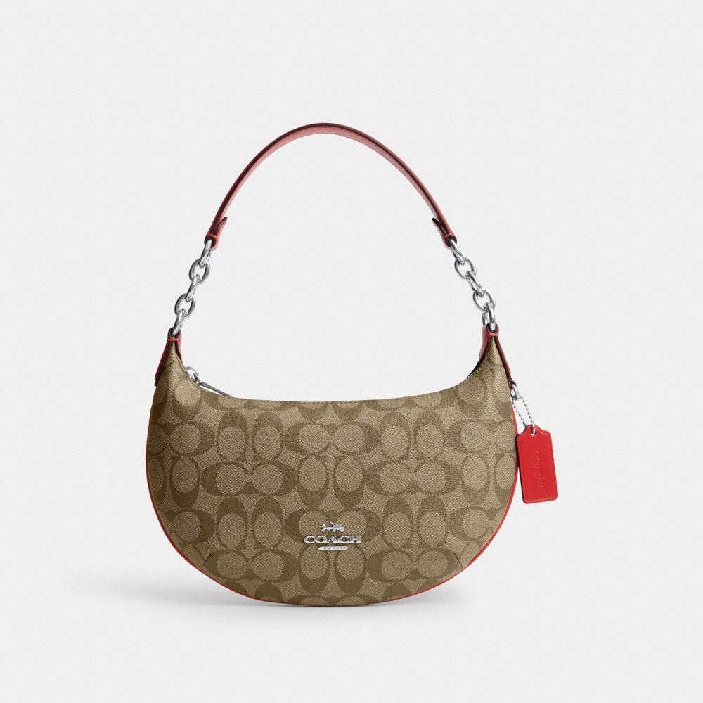 COACH®,PAYTON HOBO BAG IN SIGNATURE CANVAS,Signature Canvas,Mini,Silver/Khaki/Miami Red,Front View