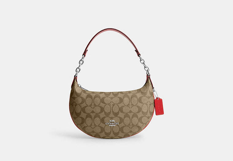 COACH®,PAYTON HOBO BAG IN SIGNATURE CANVAS,pvc,Mini,Silver/Khaki/Miami Red,Front View