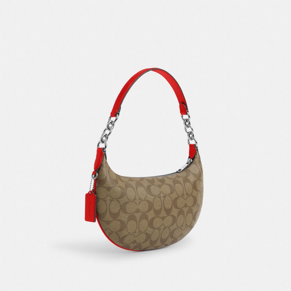 COACH®,PAYTON HOBO BAG IN SIGNATURE CANVAS,Signature Canvas,Mini,Silver/Khaki/Miami Red,Angle View