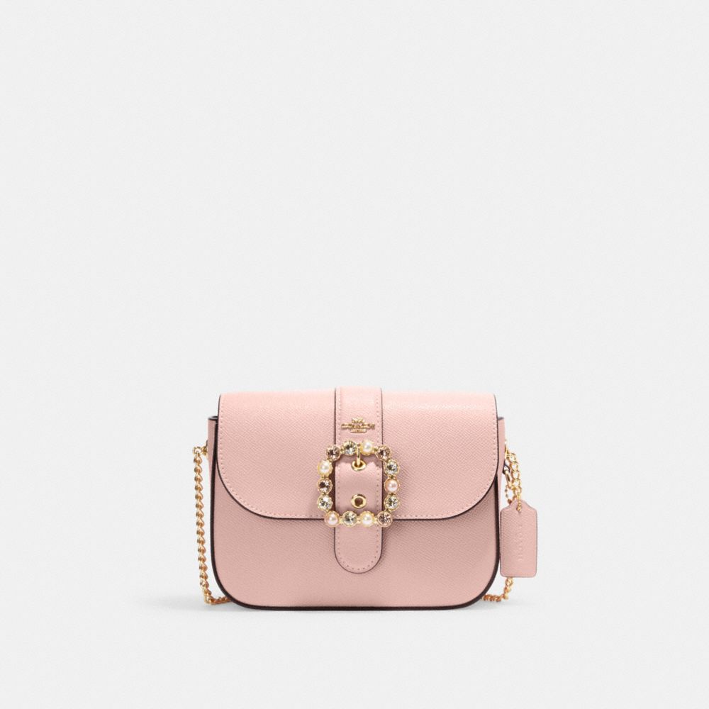 COACH®,GEMMA CROSSBODY BAG WITH JEWELED BUCKLE,Crossgrain Leather,Mini,Gold/Powder Pink Multi,Front View