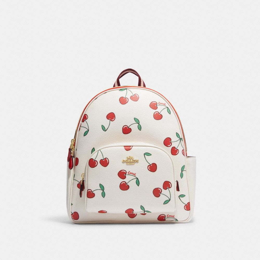 COACH®,COURT BACKPACK WITH HEART CHERRY PRINT,Novelty Print,Large,Gold/Chalk Multi,Front View