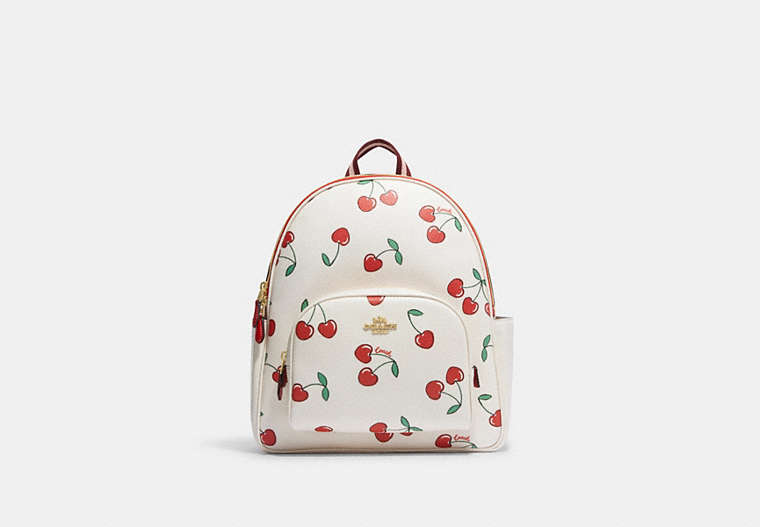 COACH®,COURT BACKPACK WITH HEART CHERRY PRINT,Fabric,Gold/Chalk Multi,Front View
