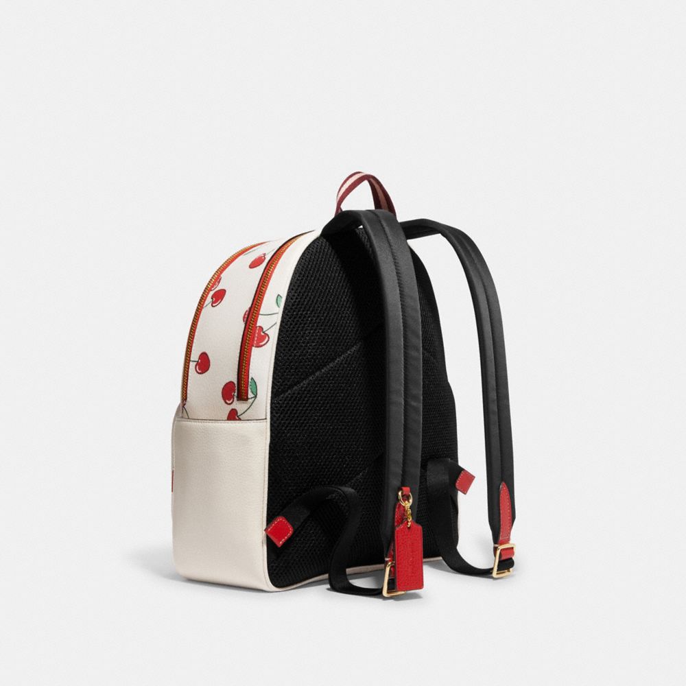 COACH®,COURT BACKPACK WITH HEART CHERRY PRINT,Novelty Print,Large,Gold/Chalk Multi,Angle View