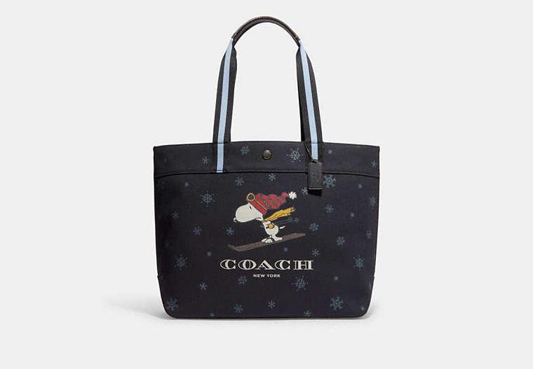 COACH®,COACH X PEANUTS TOTE 38 WITH SNOOPY SKI MOTIF,Refined Calf Leather,Large,Gunmetal/Denim Multi,Front View