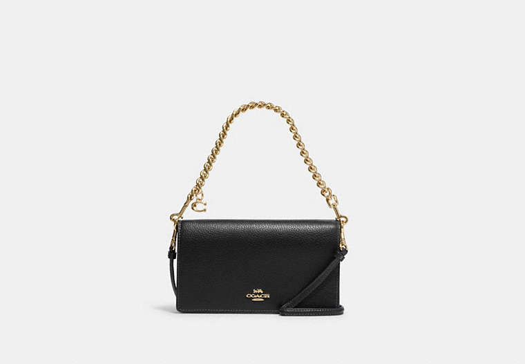 COACH®,ANNA FOLDOVER CLUTCH CROSSBODY WITH CHUNKY CHAIN,Pebbled Leather,Mini,Gold/Black,Front View