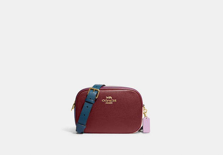 COACH®,JAMIE CAMERA BAG IN COLORBLOCK,Leather,Mini,Gold/Cherry Multi,Front View