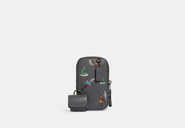 COACH®,MULTIFUNCTION PHONE PACK WITH SKI SLOPES PRINT,Mini,Gunmetal/Industrial Grey,Front View
