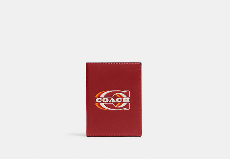 COACH®,PASSPORT CASE WITH COACH STAMP,Black Antique Nickel/1941 Red Multi,Front View