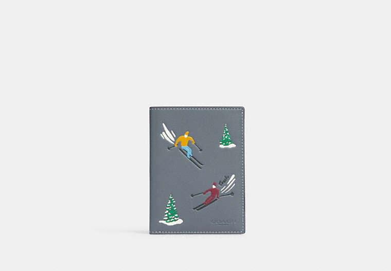 COACH®,PASSPORT CASE WITH SKI SLOPES PRINT,Gunmetal/Industrial Grey,Front View