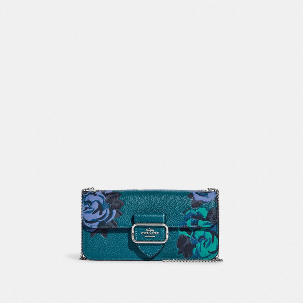 COACH®,MORGAN CROSSBODY WITH JUMBO FLORAL PRINT,Refined Pebble Leather,Mini,Silver/Deep Turquoise Multi,Front View