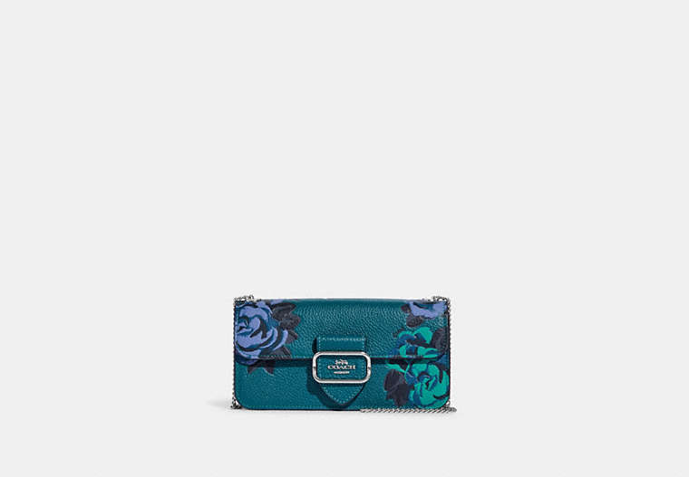 COACH®,MORGAN CROSSBODY WITH JUMBO FLORAL PRINT,Refined Pebble Leather,Mini,Silver/Deep Turquoise Multi,Front View