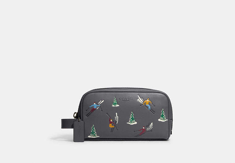 COACH®,SMALL TRAVEL KIT WITH SKI SLOPE PRINT,Small,Gunmetal/Industrial Grey,Front View