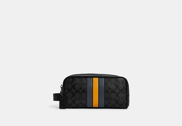 COACH®,LARGE TRAVEL KIT IN SIGNATURE CANVAS WITH VARSITY STRIPE,Signature Coated Canvas,Medium,Gunmetal/Charcoal/Denim Multi,Front View
