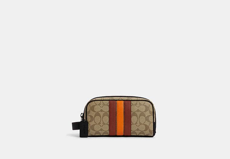 COACH®,SMALL TRAVEL KIT IN SIGNATURE CANVAS WITH VARSITY STRIPE,Signature Coated Canvas,Small,Black Antique Nickel/Khaki/Terracotta Multi,Front View