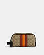 COACH®,SMALL TRAVEL KIT IN SIGNATURE CANVAS WITH VARSITY STRIPE,Signature Coated Canvas,Small,Black Antique Nickel/Khaki/Terracotta Multi,Front View