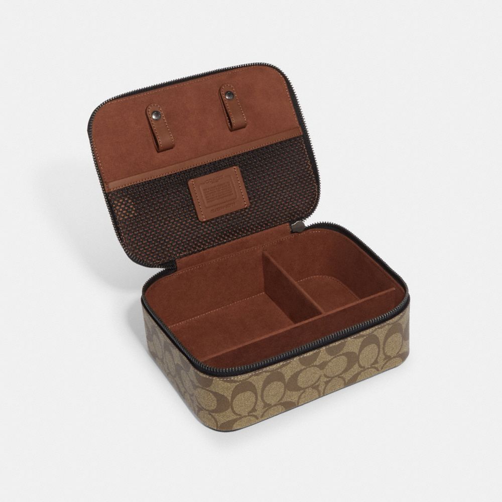 COACH®,Tech Organizer In Colorblock Signature Canvas,Travel Jewelry Case,Canvas,Leather,Logo,Brown,Inside View,Top View