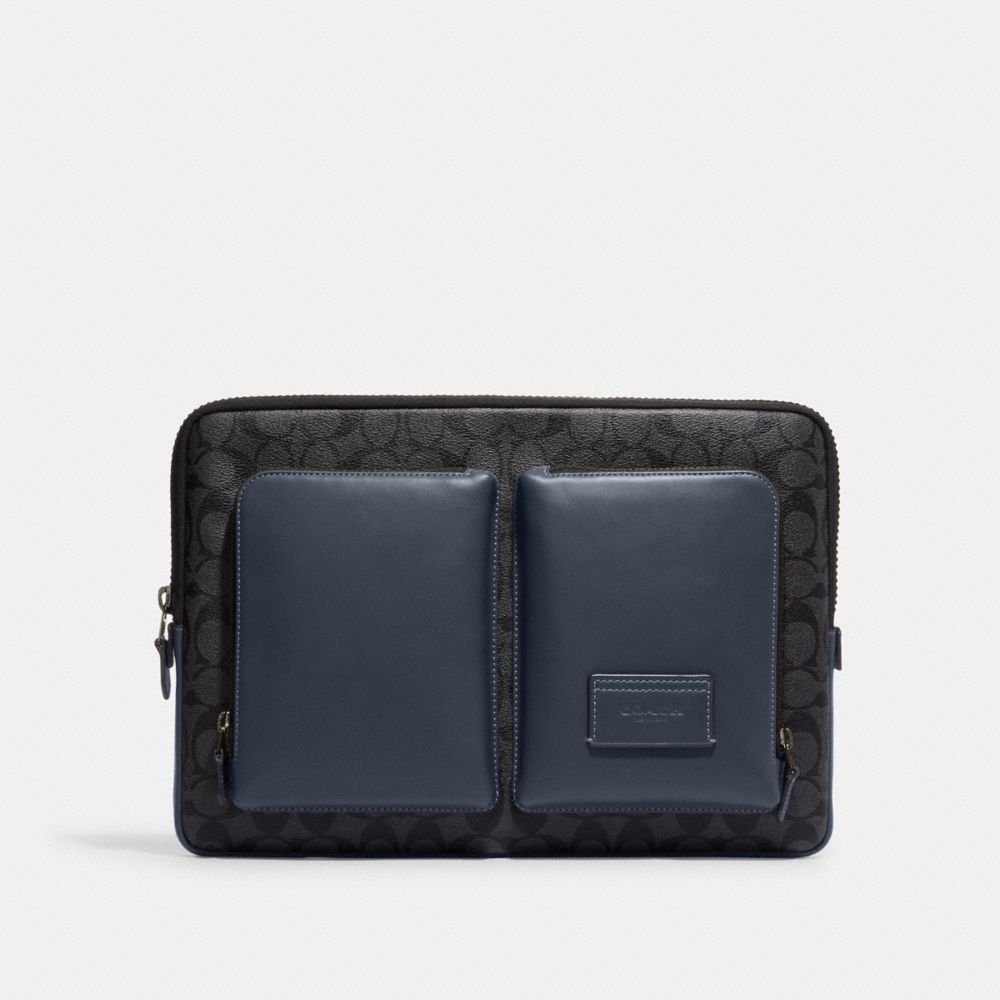 COACH®,UTILITY LAPTOP CASE IN COLORBLOCK SIGNATURE CANVAS,Gunmetal/Charcoal/Denim,Front View