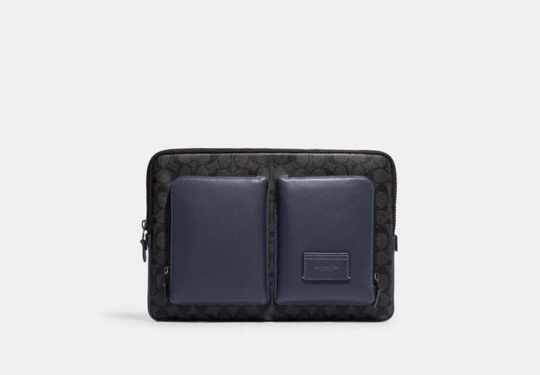 COACH®,UTILITY LAPTOP CASE IN COLORBLOCK SIGNATURE CANVAS,Signature Coated Canvas,Gunmetal/Charcoal/Denim,Front View image number 0