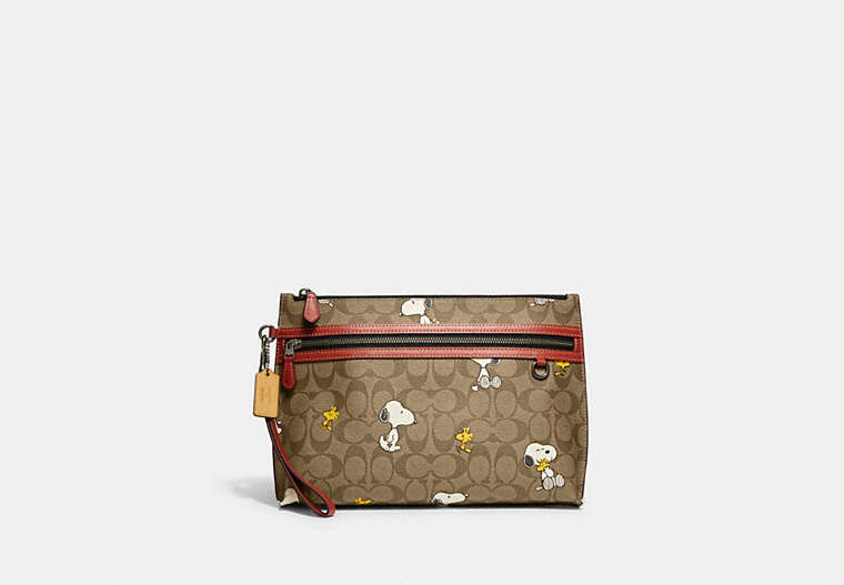 COACH®,COACH X PEANUTS CARRY ALL POUCH IN SIGNATURE CANVAS WITH SNOOPY WOODSTOCK PRINT,Signature Coated Canvas,M...,Gunmetal/Khaki Multi,Front View