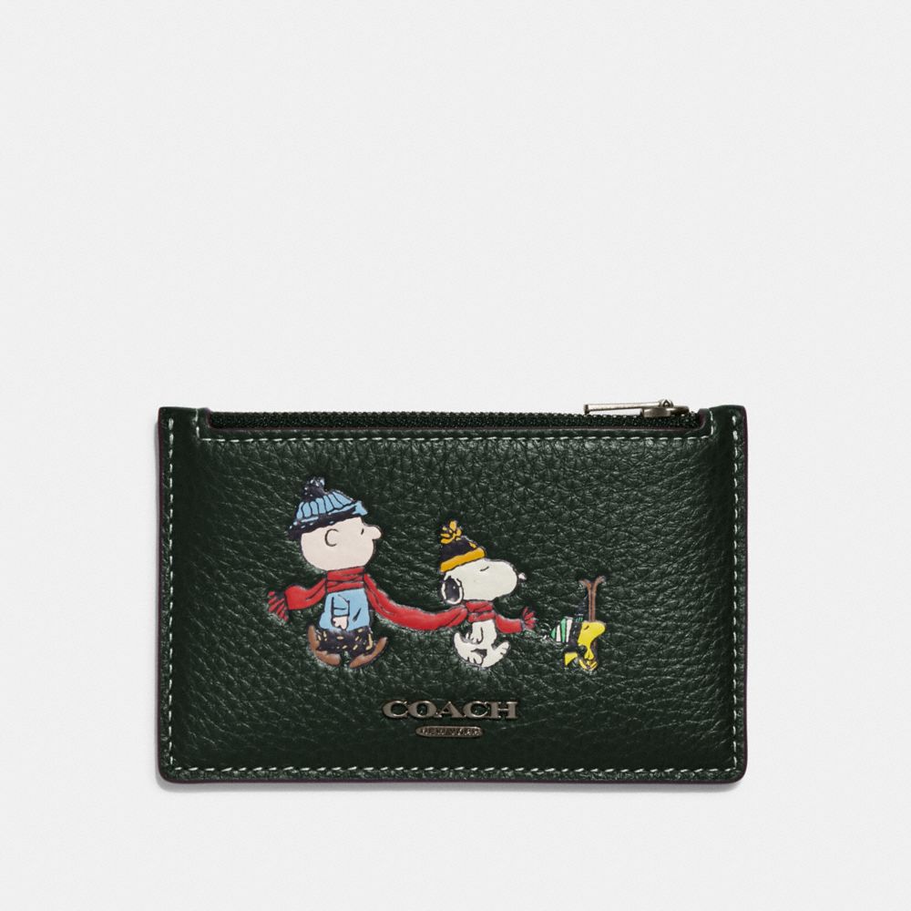 COACH®,COACH X PEANUTS ZIP CARD CASE WITH SNOOPY MOTIF,Black Antique Nickel/Amazon Green Multi,Front View