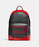 COACH®,WEST BACKPACK IN SIGNATURE CANVAS WITH VARSITY MOTIF,X-Large,Black Antique Nickel/Charcoal/Bright Poppy,Front View
