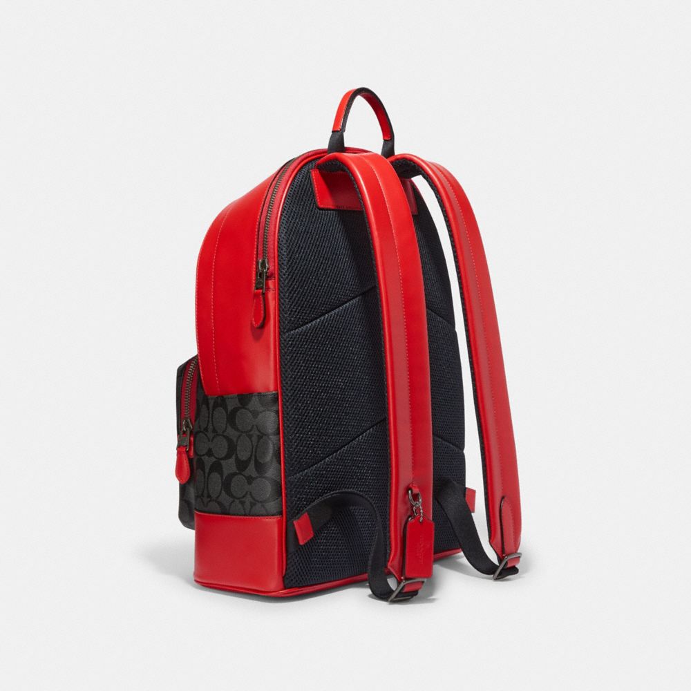 COACH®,WEST BACKPACK IN SIGNATURE CANVAS WITH VARSITY MOTIF,X-Large,Black Antique Nickel/Charcoal/Bright Poppy,Angle View