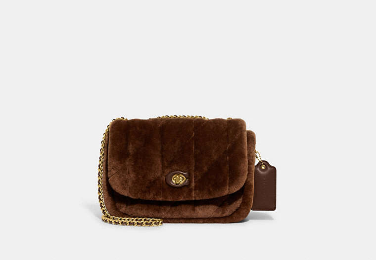 COACH®,PILLOW MADISON SHOULDER BAG IN SHEARLING WITH QUILTING,Shearling,Medium,Brass/Bison Brown,Front View