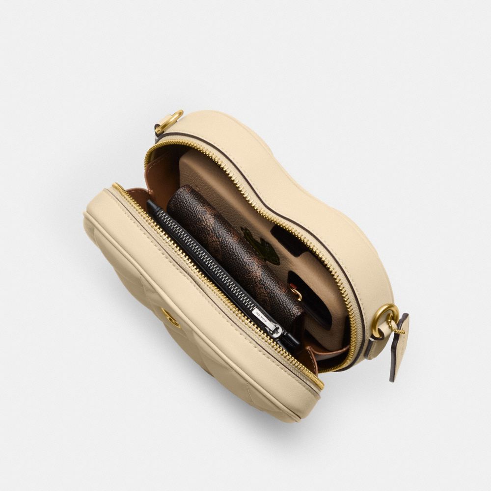 COACH®,Heart Crossbody Bag With Quilting,Leather,Crossbody,Logo,Metal,Gold Metal,Casual,Beige,Inside View,Top View