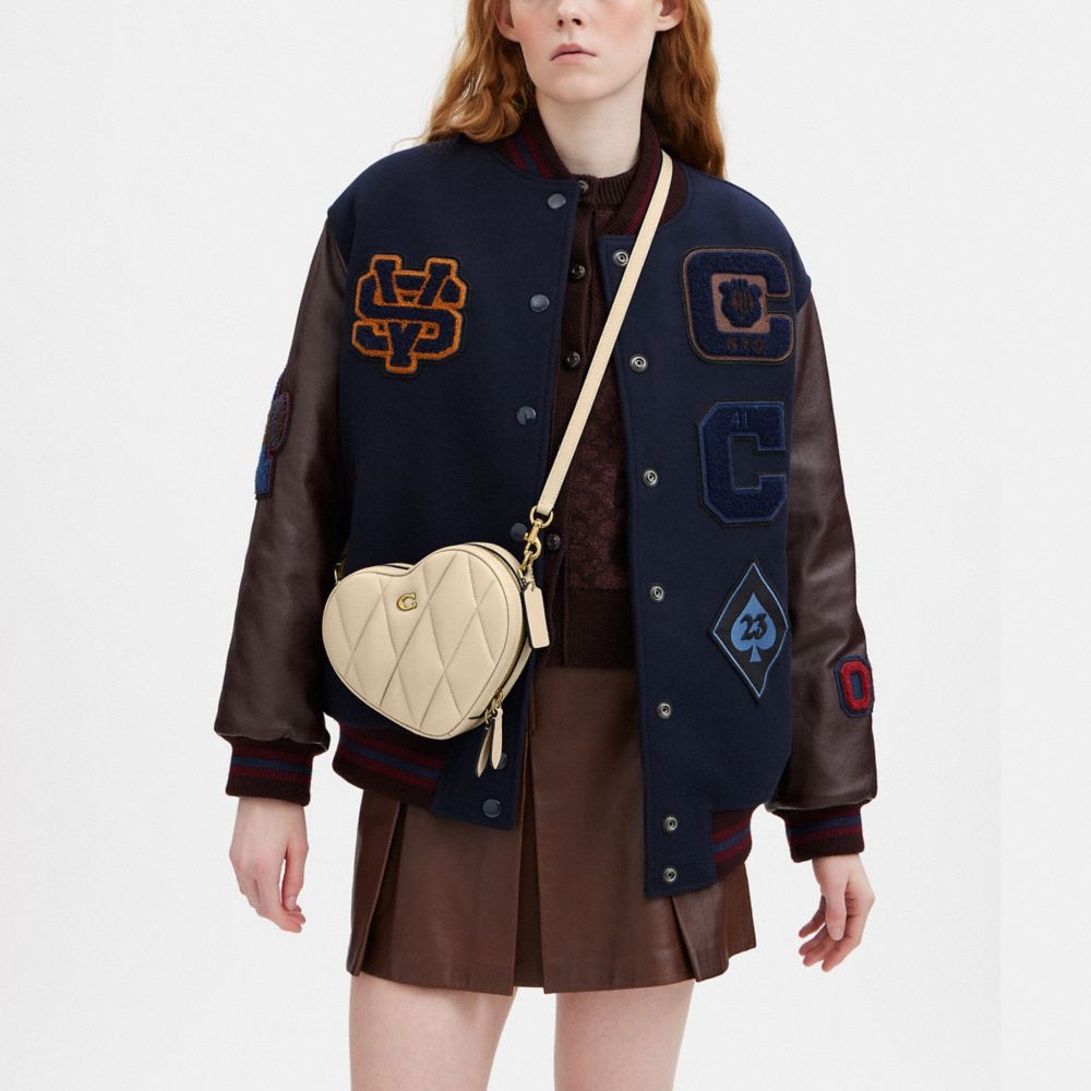 COACH®,Heart Crossbody Bag With Quilting,Leather,Crossbody,Logo,Metal,Gold Metal,Casual,Beige,Detail View