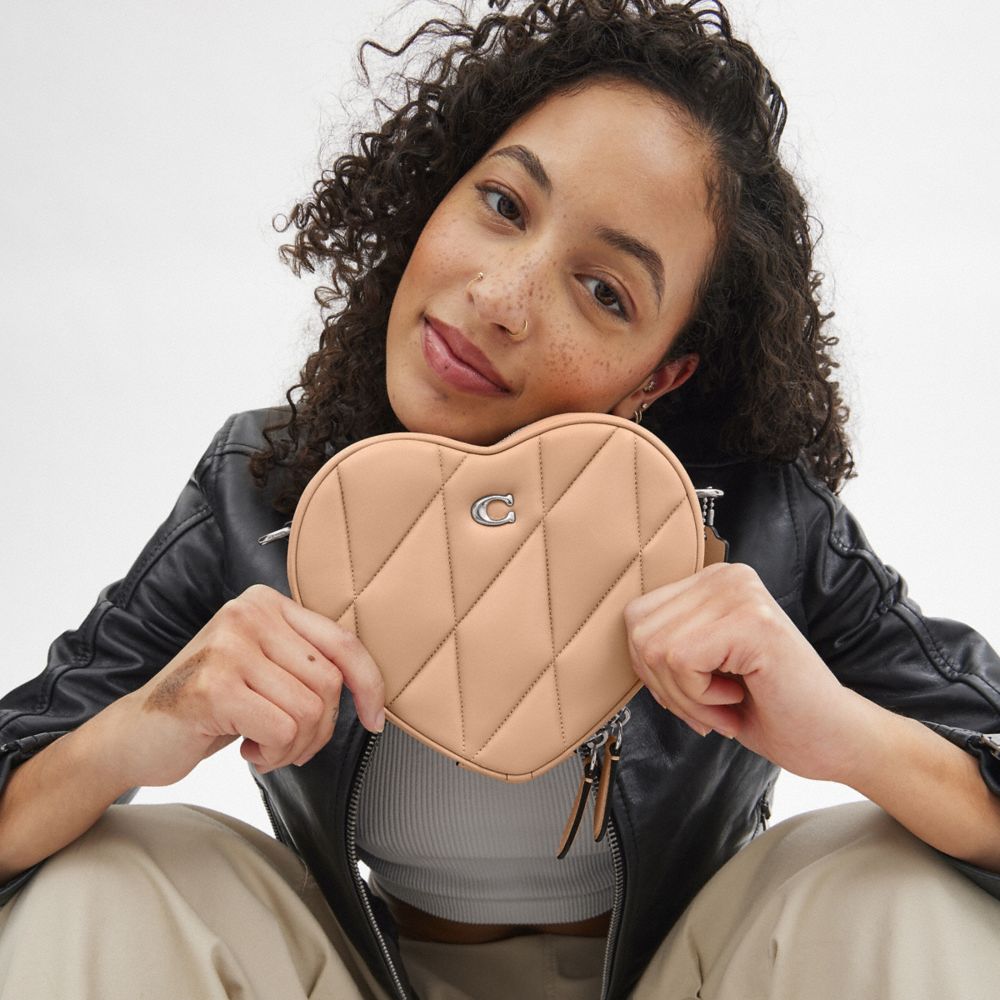 COACH®,Heart Crossbody Bag With Quilting,Leather,Crossbody,Logo,Metal,Gold Metal,Casual,Beige,Detail View