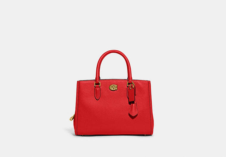 COACH®,BROOKE CARRYALL 28,Polished Pebble Leather,Medium,Brass/Sport Red,Front View