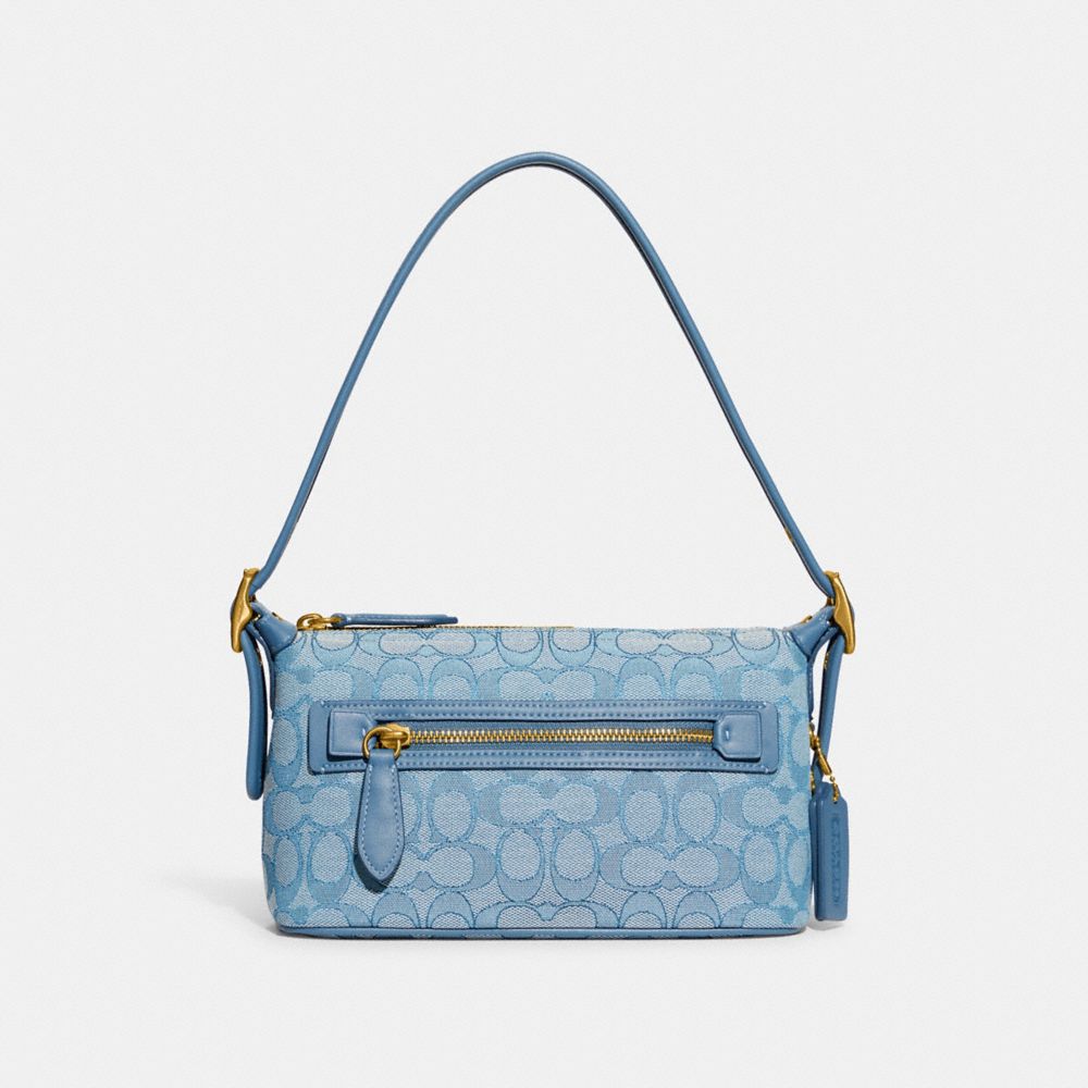 COACH®,SAC DEMI EN JACQUARD SIGNATURE,Tissu jacquard exclusif,Laiton/Lac,Front View