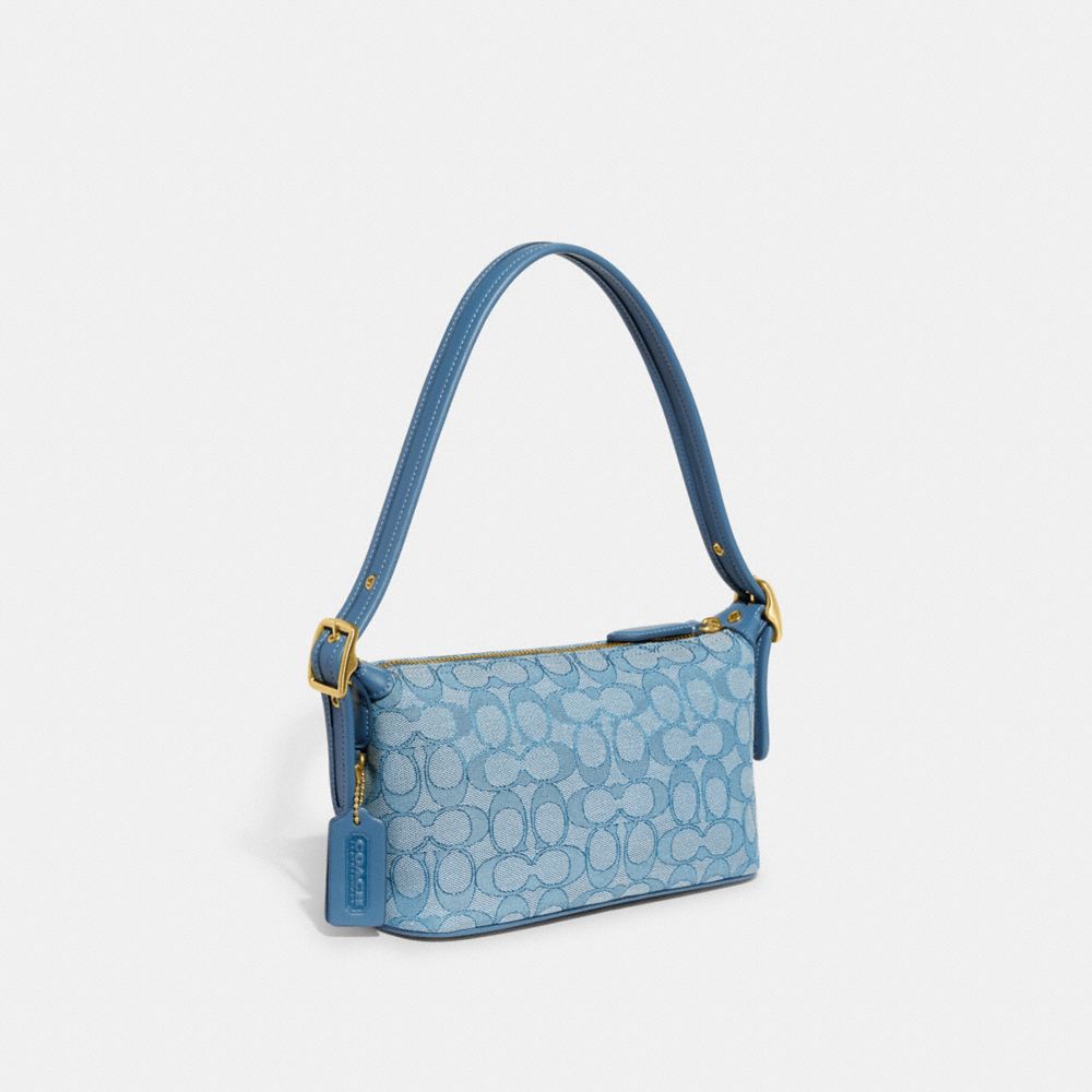 COACH®,SAC DEMI EN JACQUARD SIGNATURE,Tissu jacquard exclusif,Laiton/Lac,Angle View