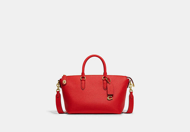 COACH®,CARA SATCHEL,Pebble Leather,Medium,Brass/Sport Red,Front View