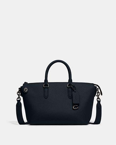 COACH®,CARA SATCHEL BAG,Pebble Leather,Medium,Pewter/Midnight Navy,Front View