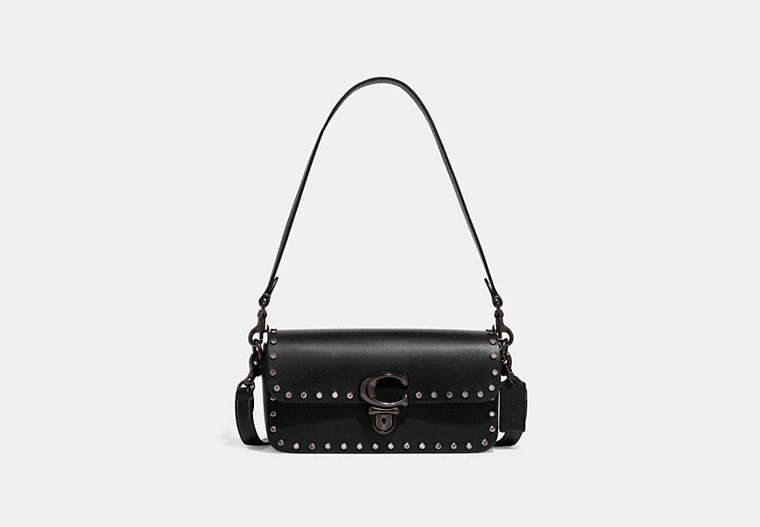 COACH®,STUDIO BAGUETTE BAG WITH CRYSTAL RIVETS,Glovetanned Leather,Mini,Pewter/Black,Front View