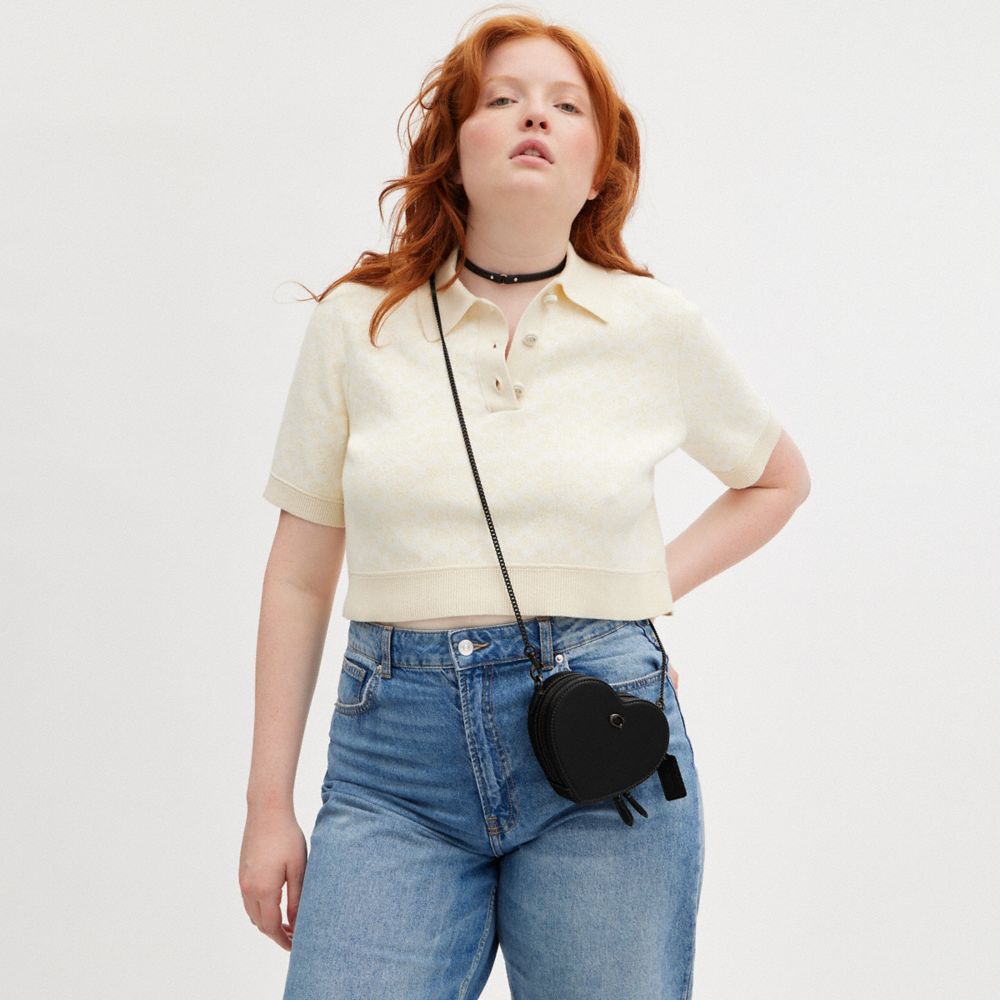 COACH®,Heart Crossbody Bag 14,Leather,Crossbody,3D Embellishment,Metal,Logo,Compact,Lined,Gold Metal,Gold Plated,Day Party,Black