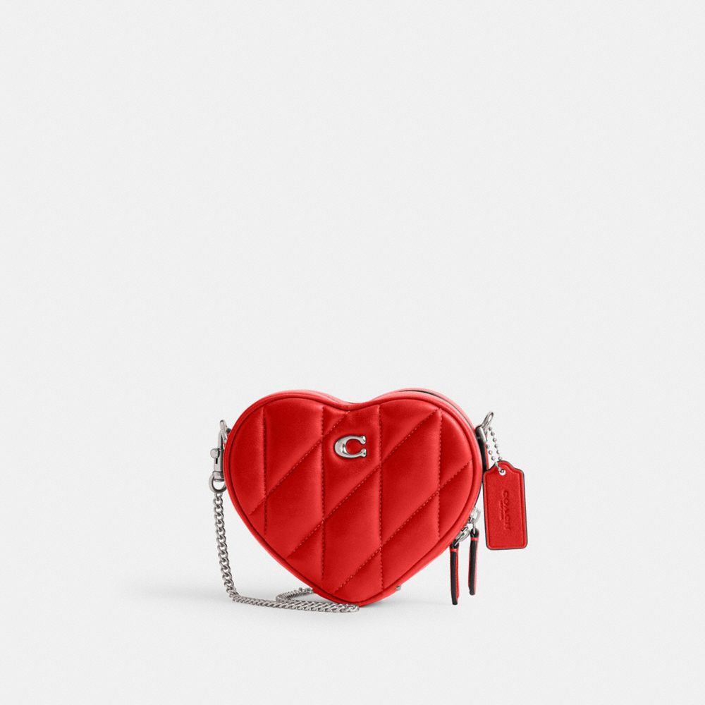COACH®,HEART CROSSBODY BAG 14 WITH PILLOW QUILTING,Nappa leather,Mini,Silver/Sport Red,Front View