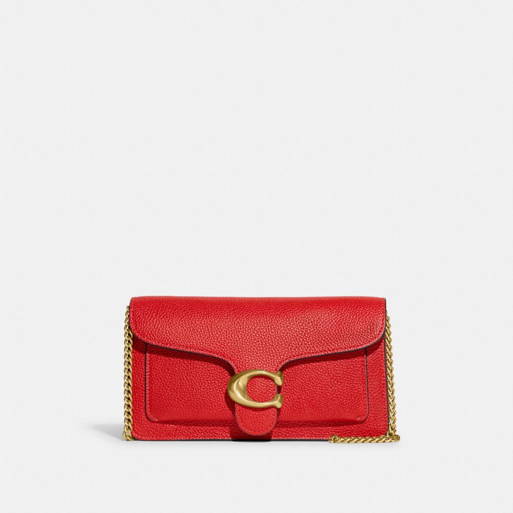 COACH®,Tabby Chain Clutch,Leather,Clutch,Crossbody,Logo,Gusset,Gold Metal,Casual,Red,Front View