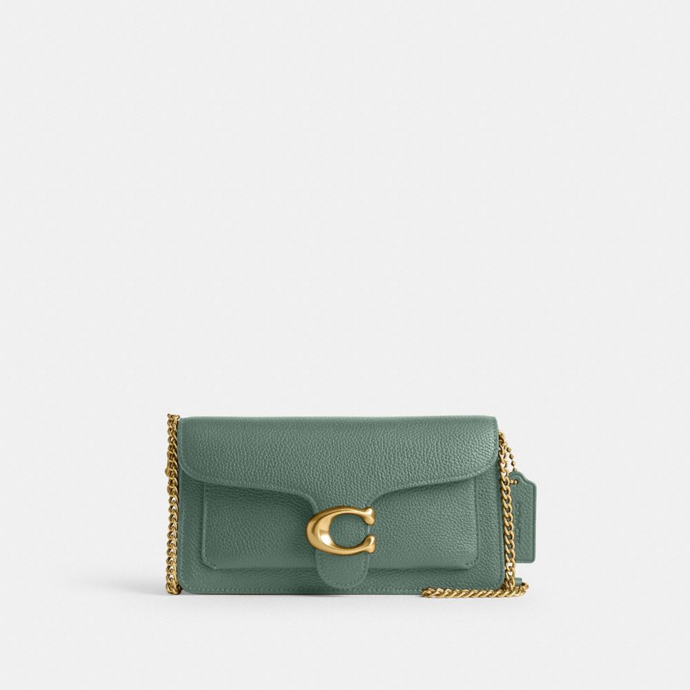 COACH®,Tabby Chain Clutch,Leather,Clutch,Logo,Metal,Gusset,Gold Metal,Day Party,Green,Front View