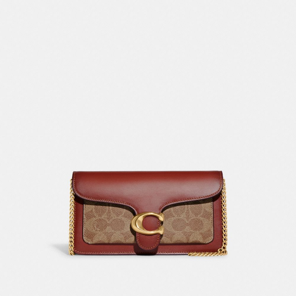 COACH®,TABBY CHAIN CLUTCH IN SIGNATURE CANVAS,Brass/Tan/Rust,Front View image number 0