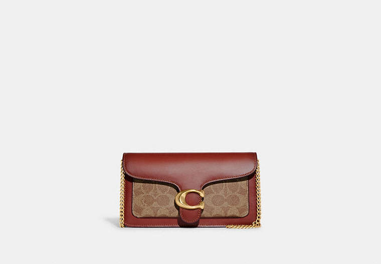 COACH®,TABBY CHAIN CLUTCH IN SIGNATURE CANVAS,Brass/Tan/Rust,Front View image number 0