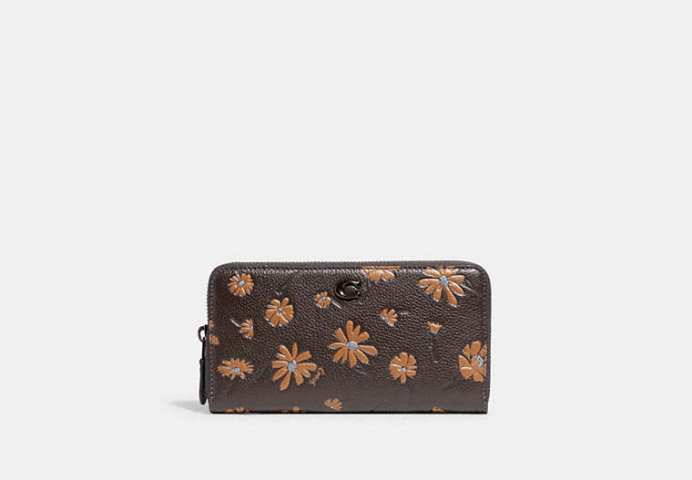 COACH®,ACCORDION ZIP WALLET WITH FLORAL PRINT,Polished Pebble Leather,Mini,Pewter/Multi,Front View