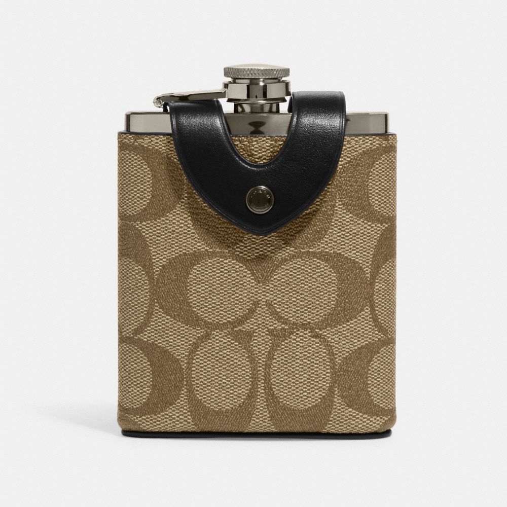 COACH®,FLASK IN SIGNATURE CANVAS,Mini,Gunmetal/Khaki,Front View