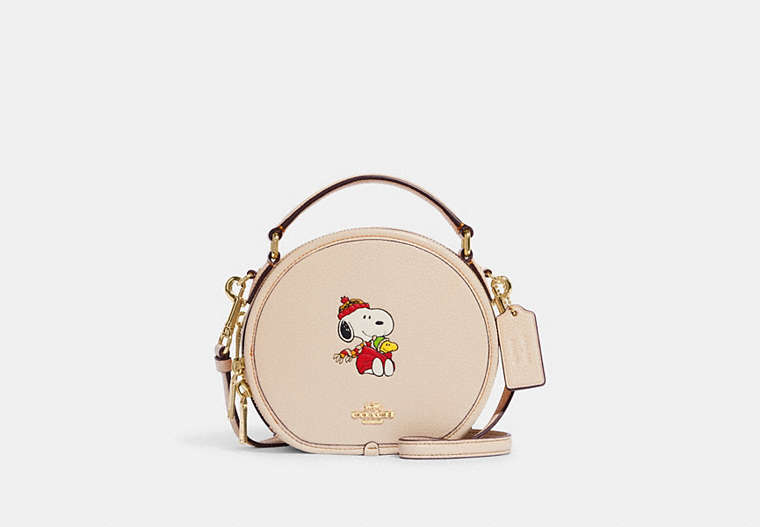 COACH®,COACH X PEANUTS CANTEEN CROSSBODY BAG WITH SNOOPY CUDDLE MOTIF,Refined Pebble Leather,Small,Gold/Ivory Multi,Front View