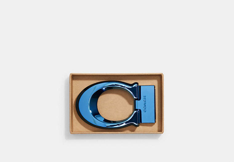 COACH®,BOXED SCULPTED SIGNATURE BELT BUCKLE,Metal,Anodized Blue,Front View